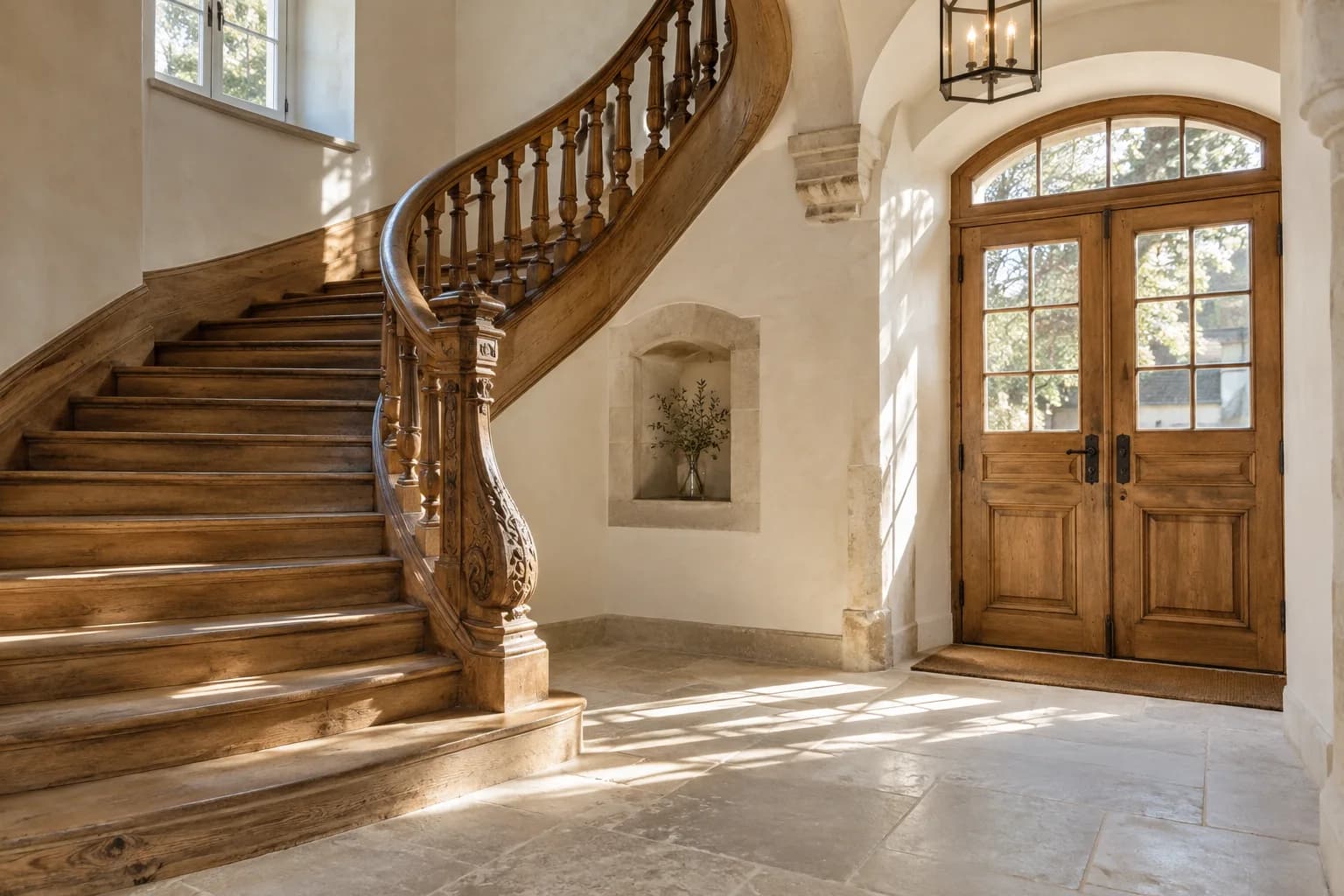 Sanierter Altbau-Eingang mit aufgearbeiteter Holztreppe und Natursteinboden
