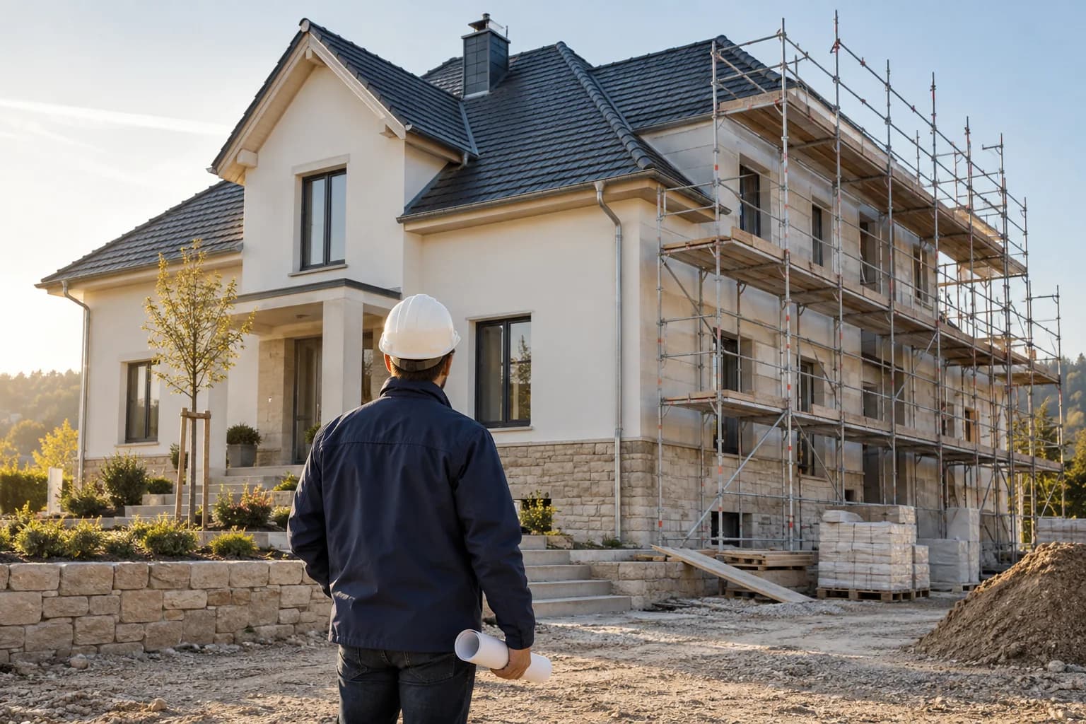 Bauleiter vor einem Wohnhaus während der Sanierung