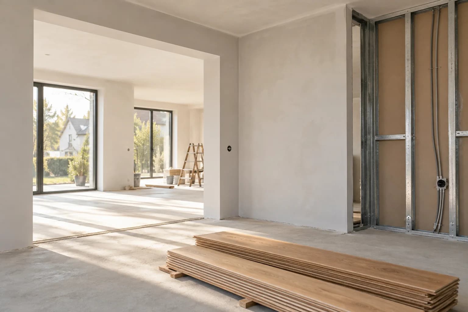 Raum im Ausbau mit aufgestelltem Metallständerwerk für eine Trockenbauwand