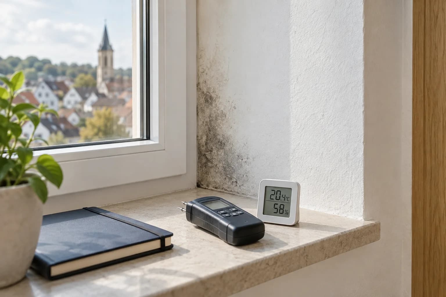Feuchtemessgerät und Hygrometer an einer Fensterlaibung mit Schimmelbefall