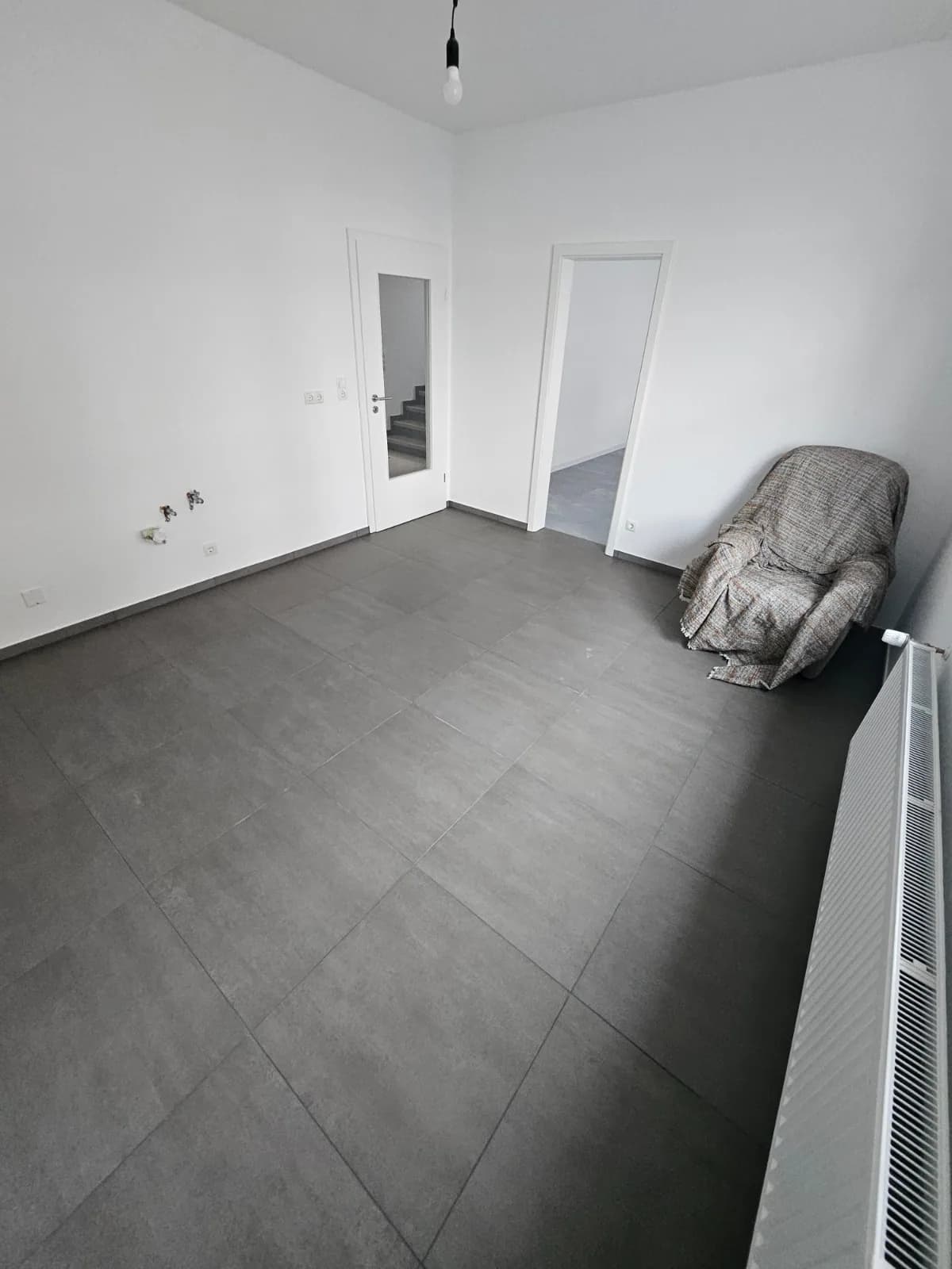 Wohnraum mit dunklem Boden und weißen Türen zu den angrenzenden Räumen
